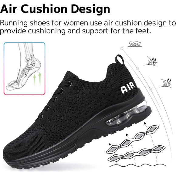 Brand New Women All Black Rubber Running Shoes Air Cushion Mesh Sneakers Gym - Picture 5 of 7